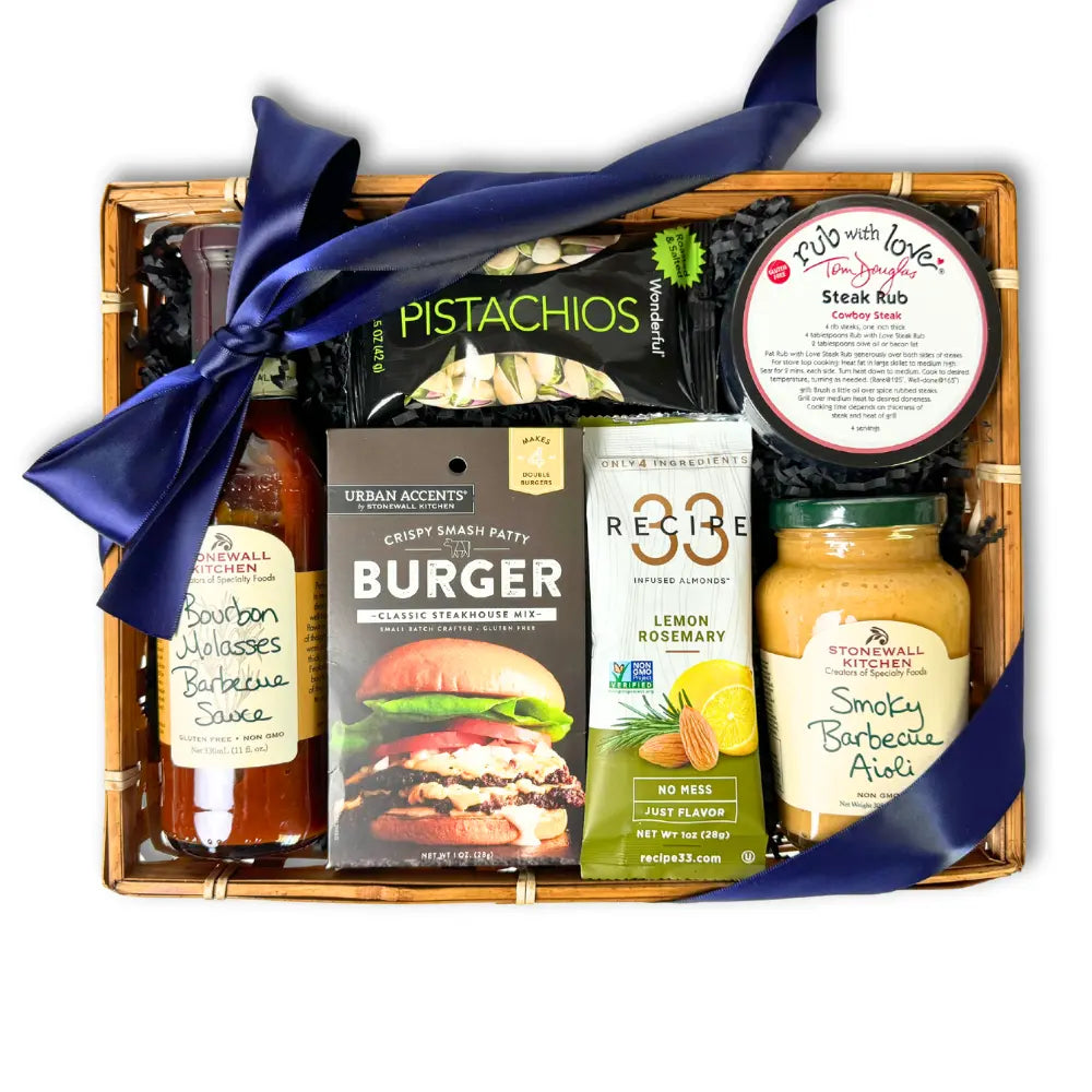BBQ Master gift basket featuring bbq sauce, smoky barbecue aloli, steak seasoning, infused almond, burger seasoning and pistachios.  Apple Blossom Gift Baskets
