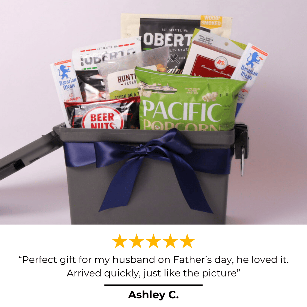A men’s snack basket with a 5-star customer review, highlighting its premium beef jerky, gourmet snacks, and rugged ammo can packaging—a top-rated Father’s Day gift or care package for men.