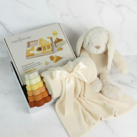 Baby gift set with plush toy, blanket, and wooden blocks on a white background