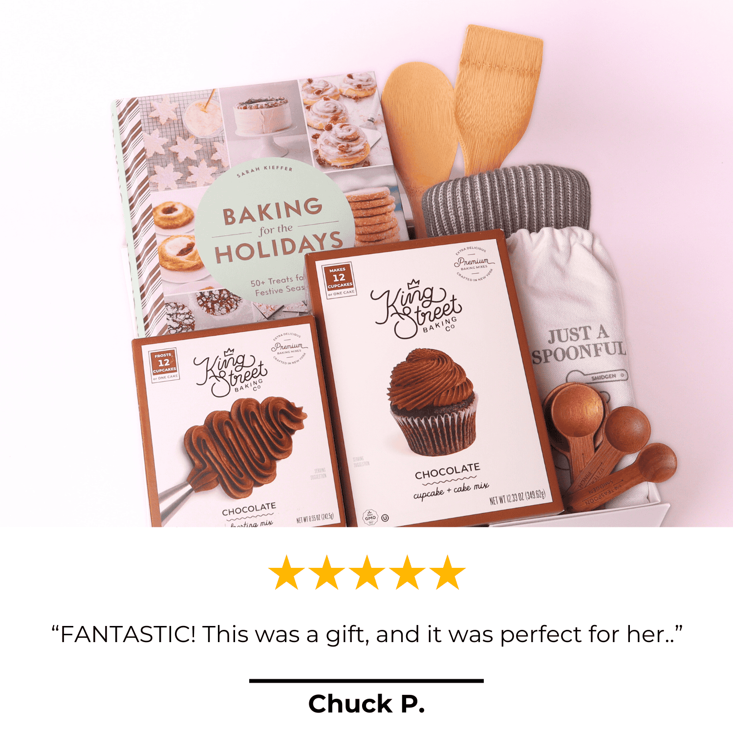 Baking For The Holidays gift box with kitchen items and holiday cook book with a 5 star review that the client enjoyed her gift