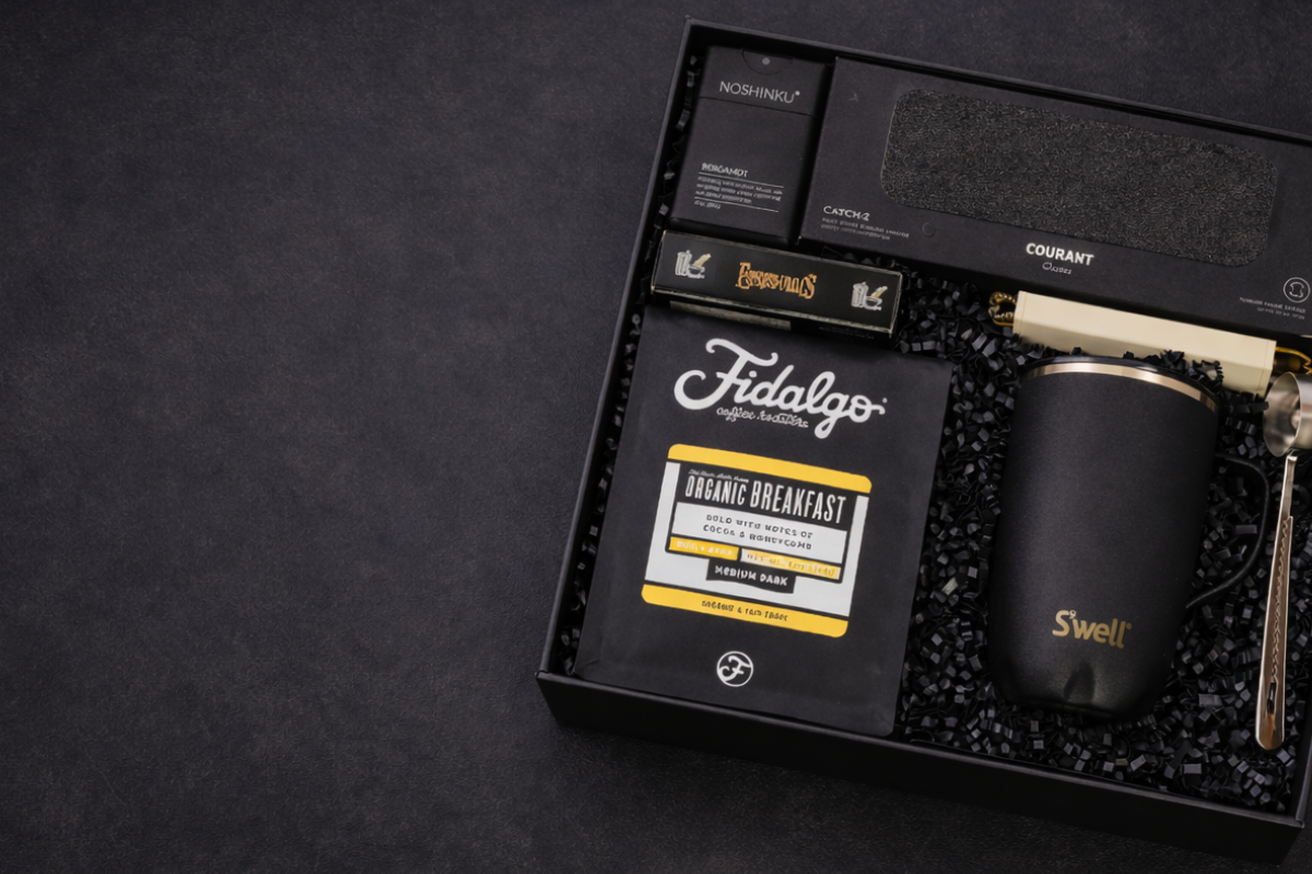 Gift set with Fidalgo coffee, Swell mug, and other items on a dark surface