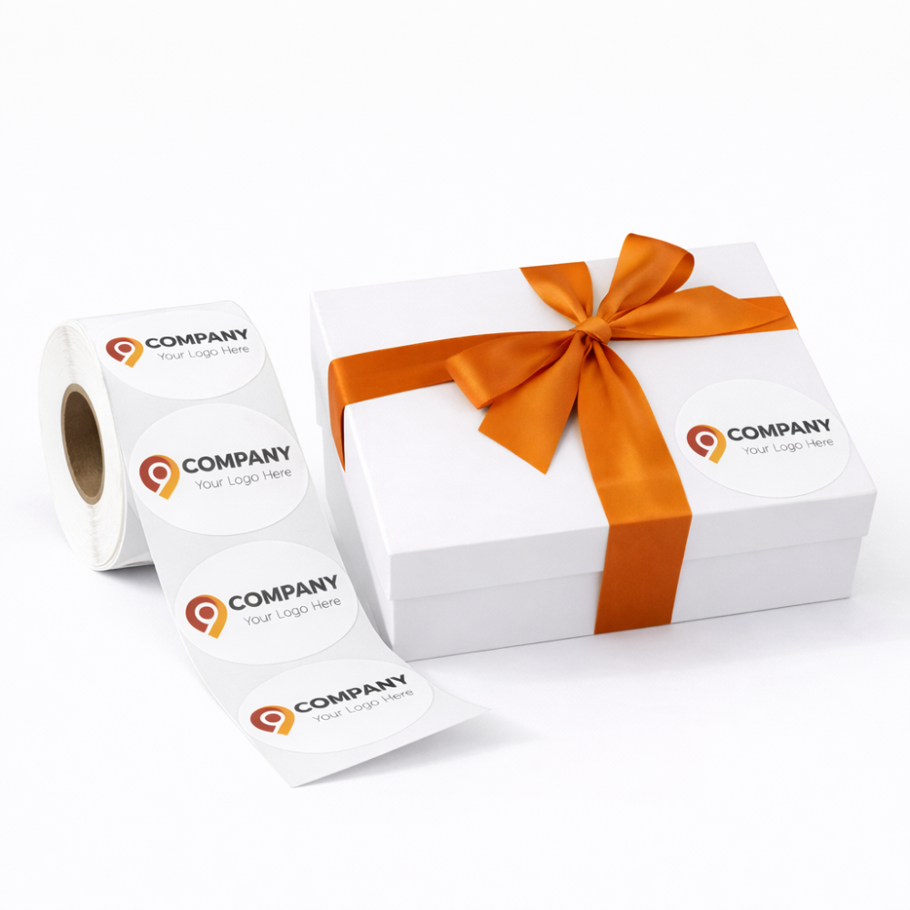 Roll and box of personalized labels with a logo on a white background