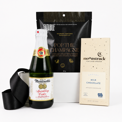Alcohol-free corporate celebration gift with Martinelli’s cider, gourmet popcorn and Moonstruck chocolate