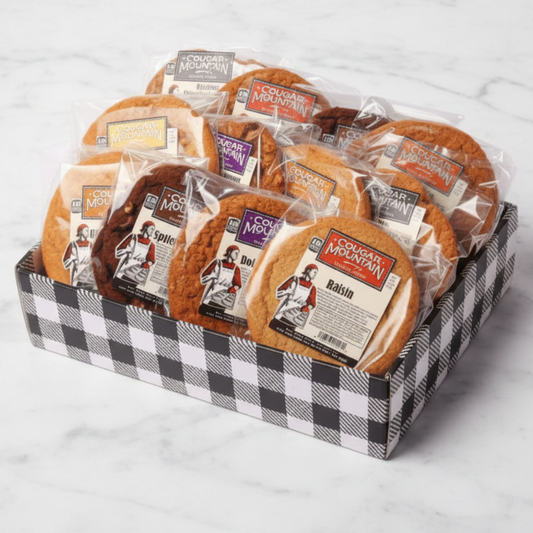 Gourmet Cookie Box featuring a variety of Cougar Mountain cookies individually wrapped, made with high-quality ingredients. Perfect corporate gift or family treat. Ships next business day. Great for client appreciation, onboarding, and holiday gifting.