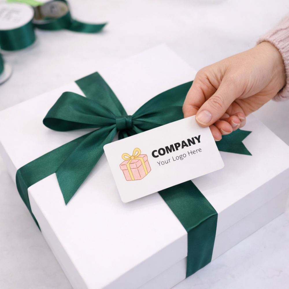 White gift box with green ribbon and a hand holding a business card with a logo.