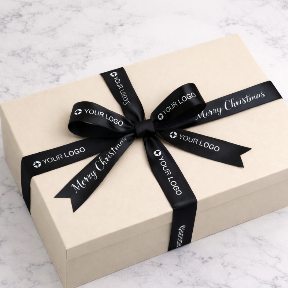 Beige gift box with a black custom printed ribbon on a marble surface