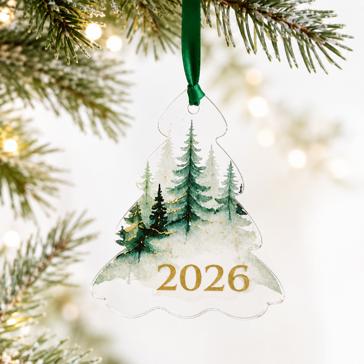 A clear acrylic Christmas tree ornament hanging from a green ribbon on a decorated Christmas tree branch. The ornament features a watercolor forest design with green pine trees and the year '2026' in gold lettering, set against a soft white background with warm bokeh lights.
