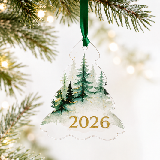 A clear acrylic Christmas tree ornament hanging from a green ribbon on a decorated Christmas tree branch. The ornament features a watercolor forest design with green pine trees and the year '2026' in gold lettering, set against a soft white background with warm bokeh lights.