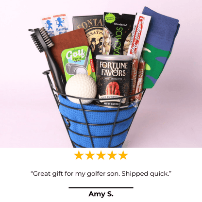Golf gift basket with 5 star review that says "great gift for my golfer son.  shipped quick"