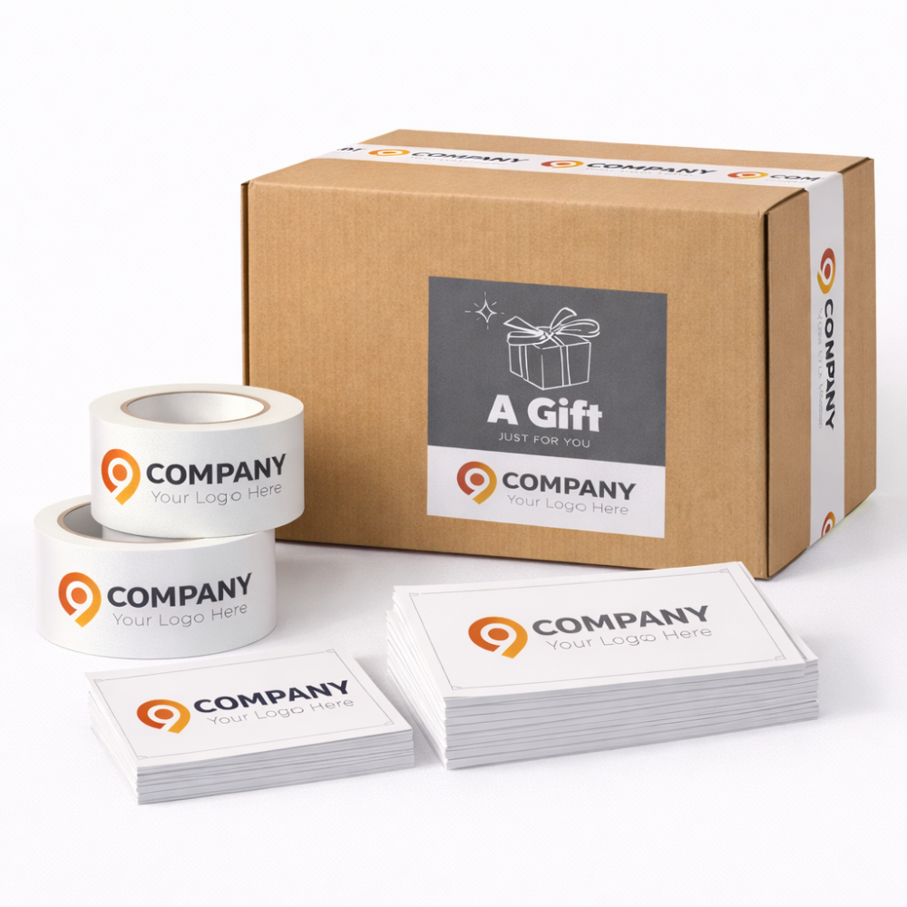 Gift box with personalized stationery items on a white background