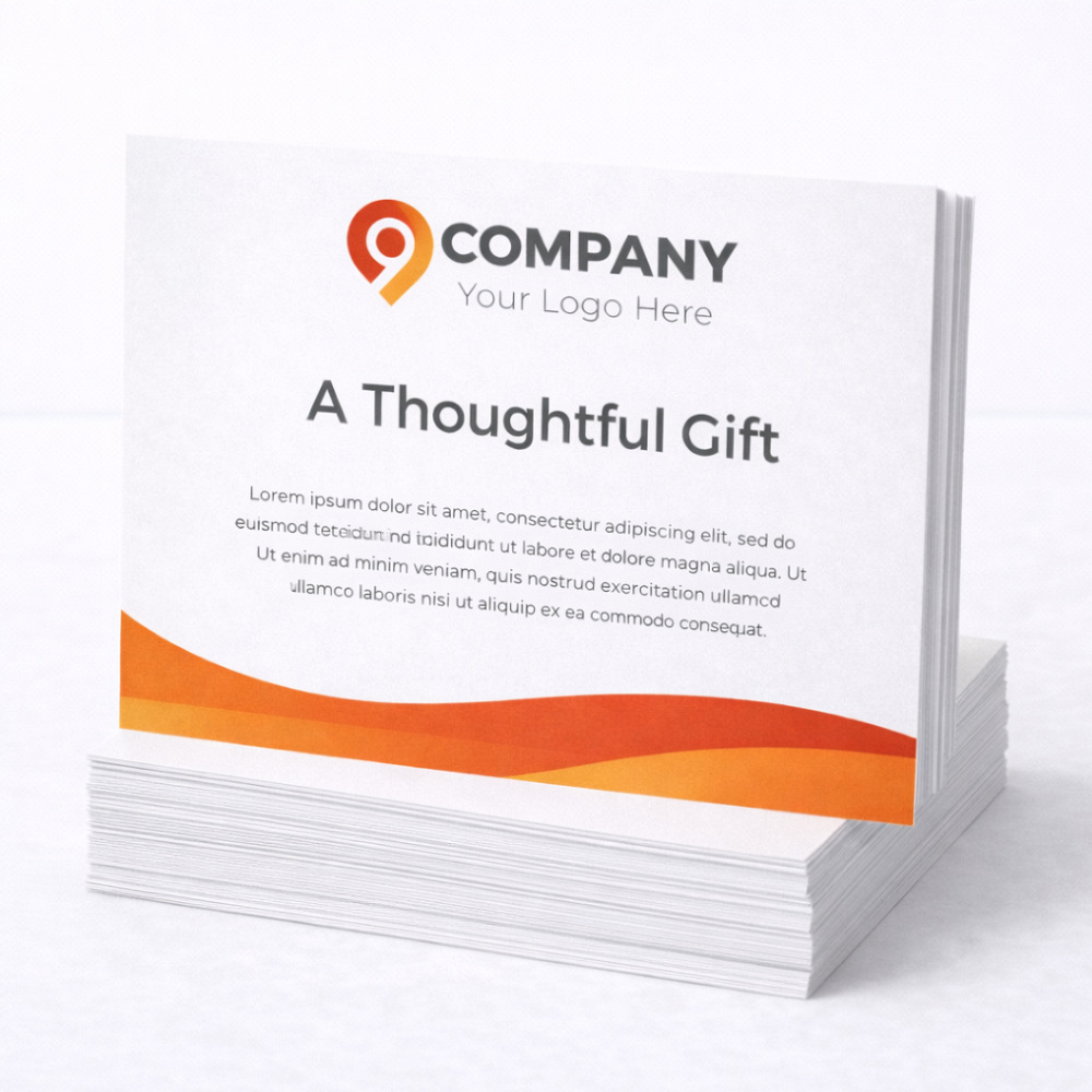 Stack of white cards with orange accents and a placeholder for a company logo on a white background.