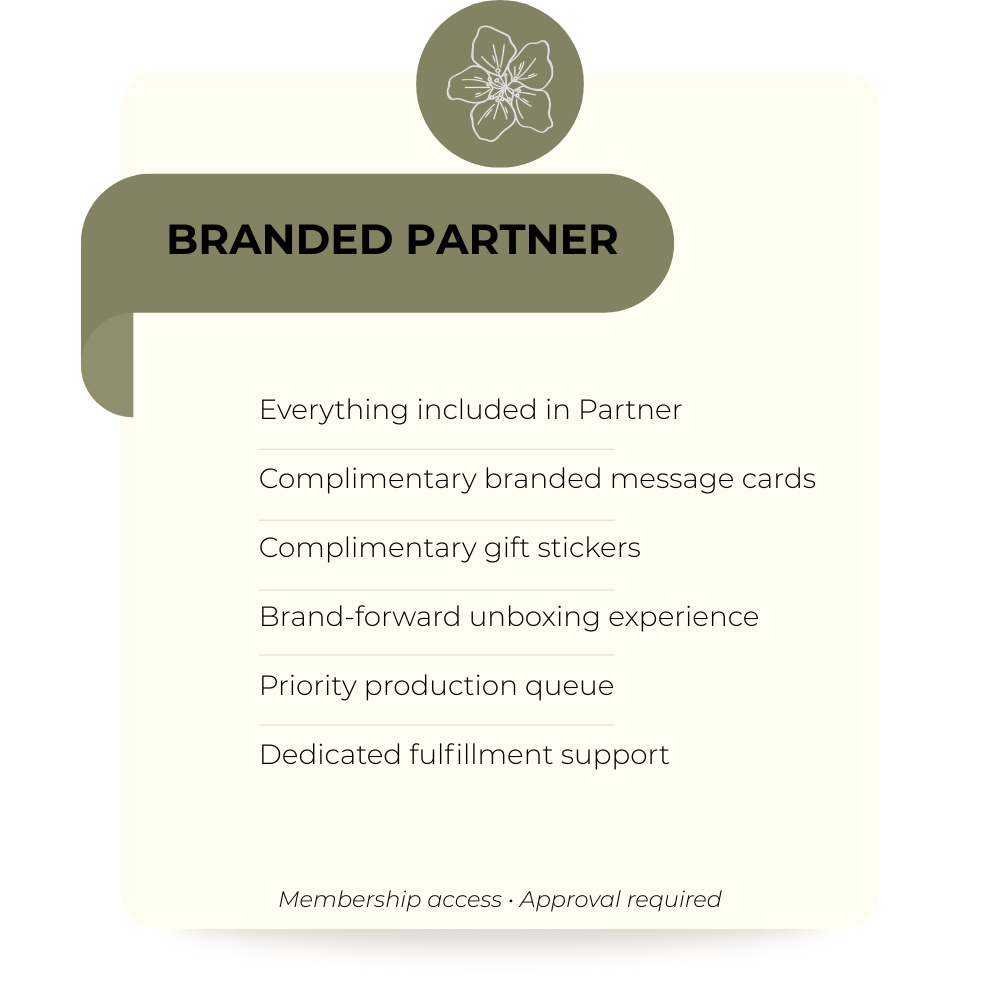 Branded partner program details with a green badge on a light beige background