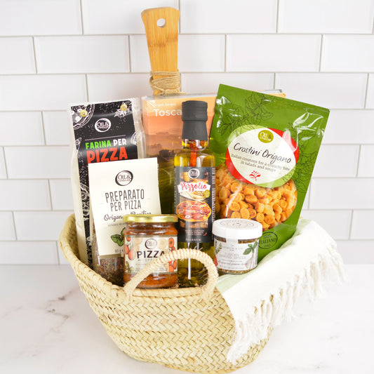 Tuscan Pizza Night Gift Basket ‚Italian-inspired pizza night basket with olive oil, sauce, seasonings, dough mix and book in an Italian family style gift basket