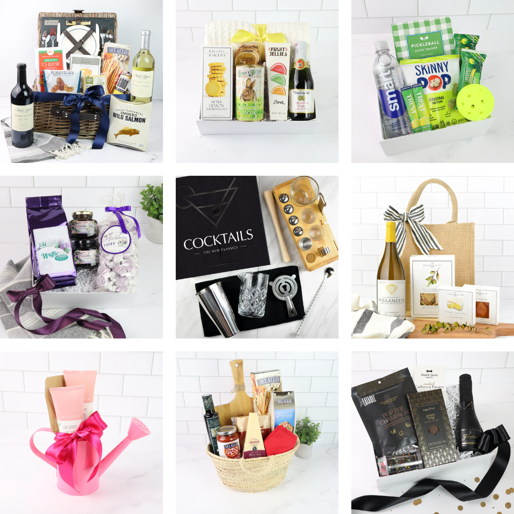 Collage of various gift baskets and product sets on a white background