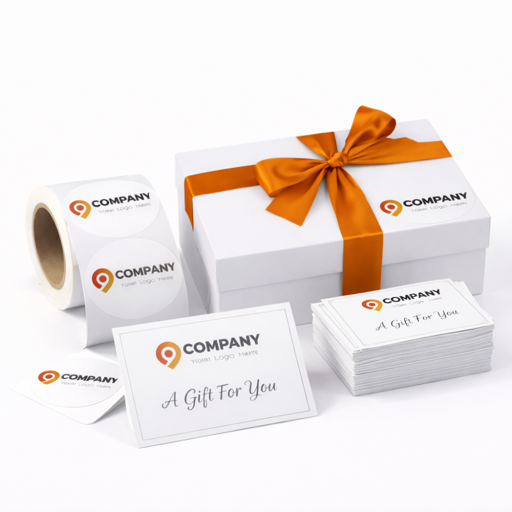Gift box with orange ribbon, business cards, and labels on a white background