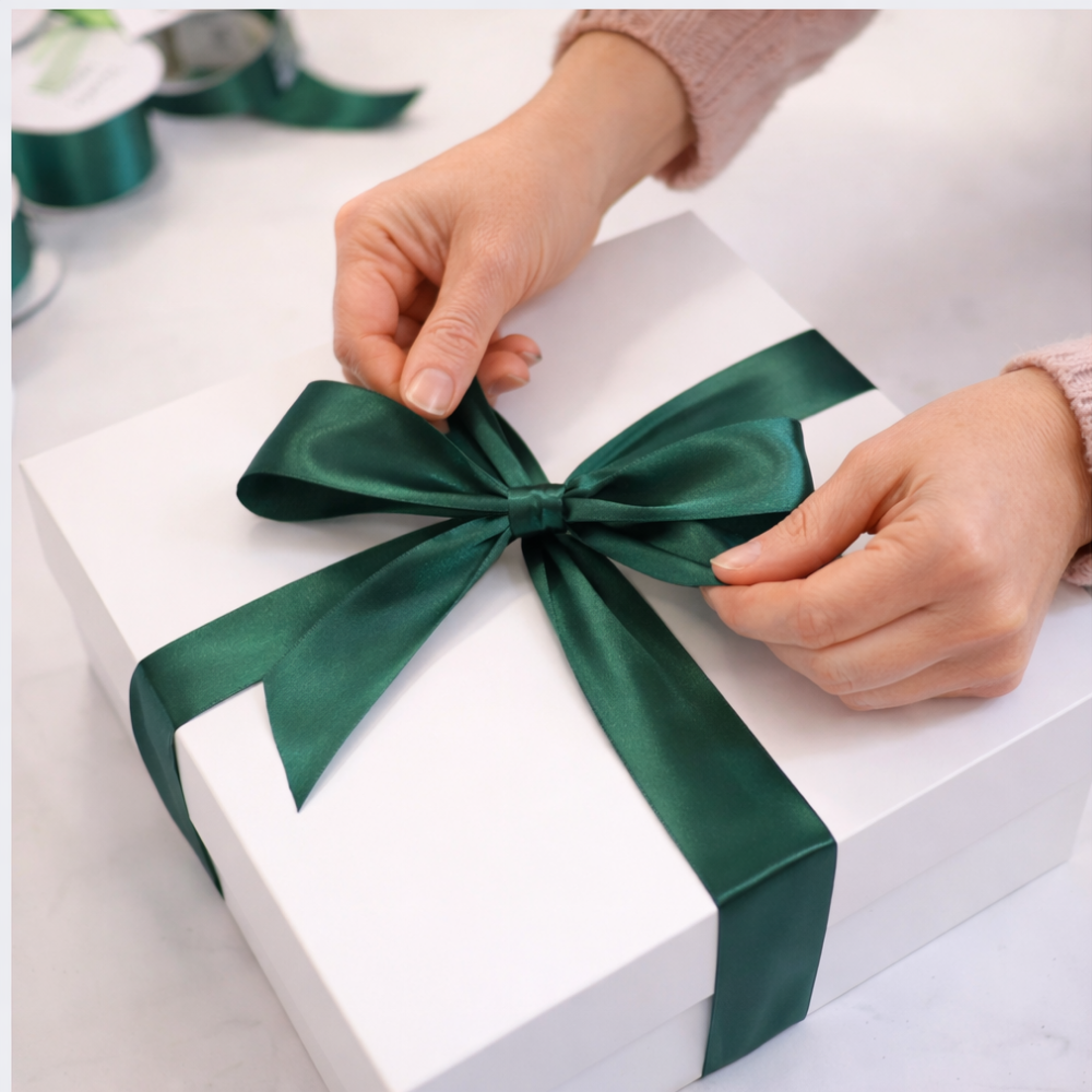 White gift box with a green ribbon being tied by hands on a light background