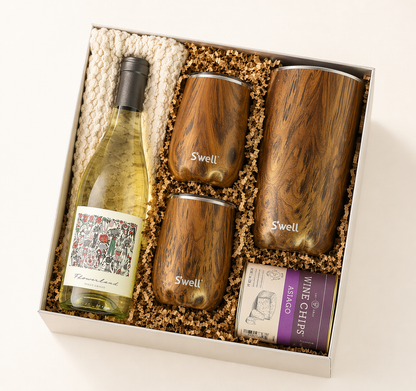 Gift set with wine bottle, 'Swell' tumblers, and wine charms in a box.