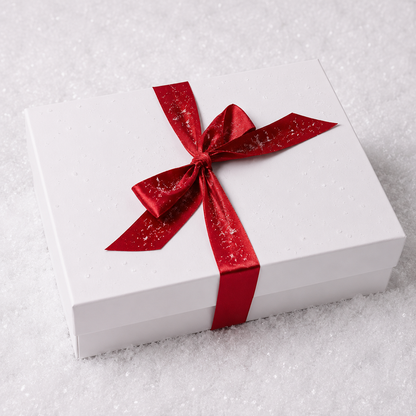 A white rectangular gift box tied with a shiny red ribbon in a bow, placed on a textured white surface.