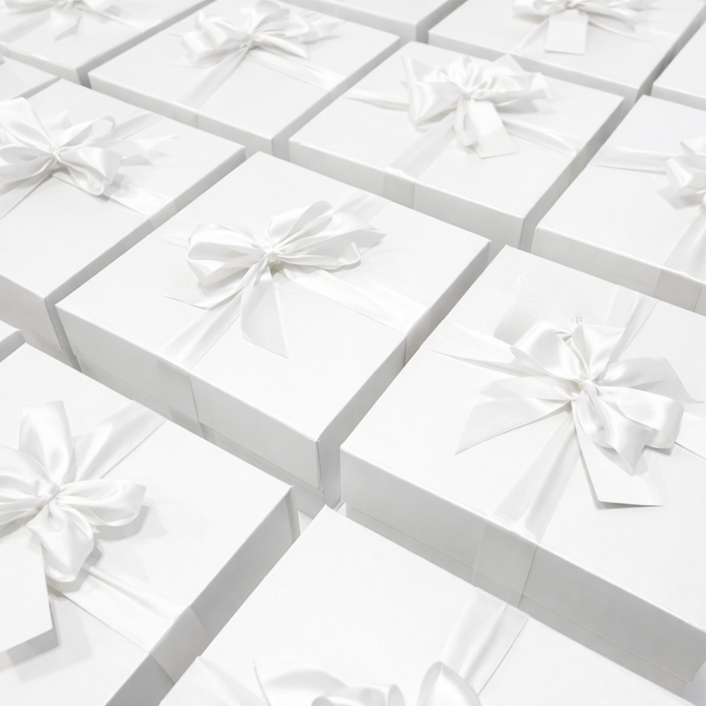 White decorative bows on a white grid background