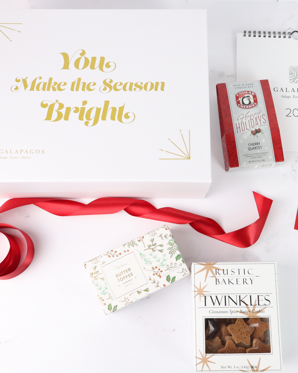 Holiday-themed gift box with 'You Make the Season Bright' text, a red ribbon, and various gift items on a white background.
